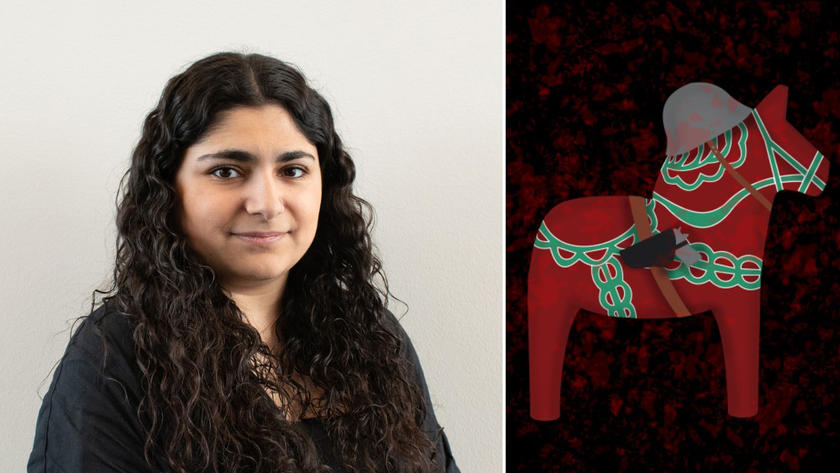 Bild på Linnea Chahoud (Mittuniversitetet) och hennes verk ”Dalahäst”.
