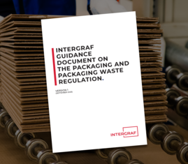 Bild på omslaget för guiden "Intergraf guidance document on The Packaging and Packaging Waste Regulation" på en genrebild på förpackningar.